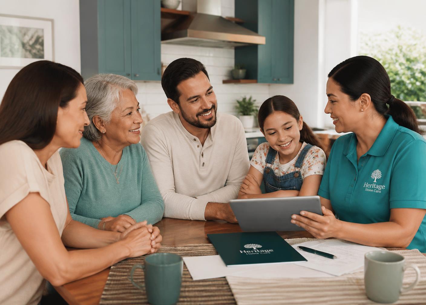 An Ultra Care coordinator reviewing a care plan with a multigenerational family